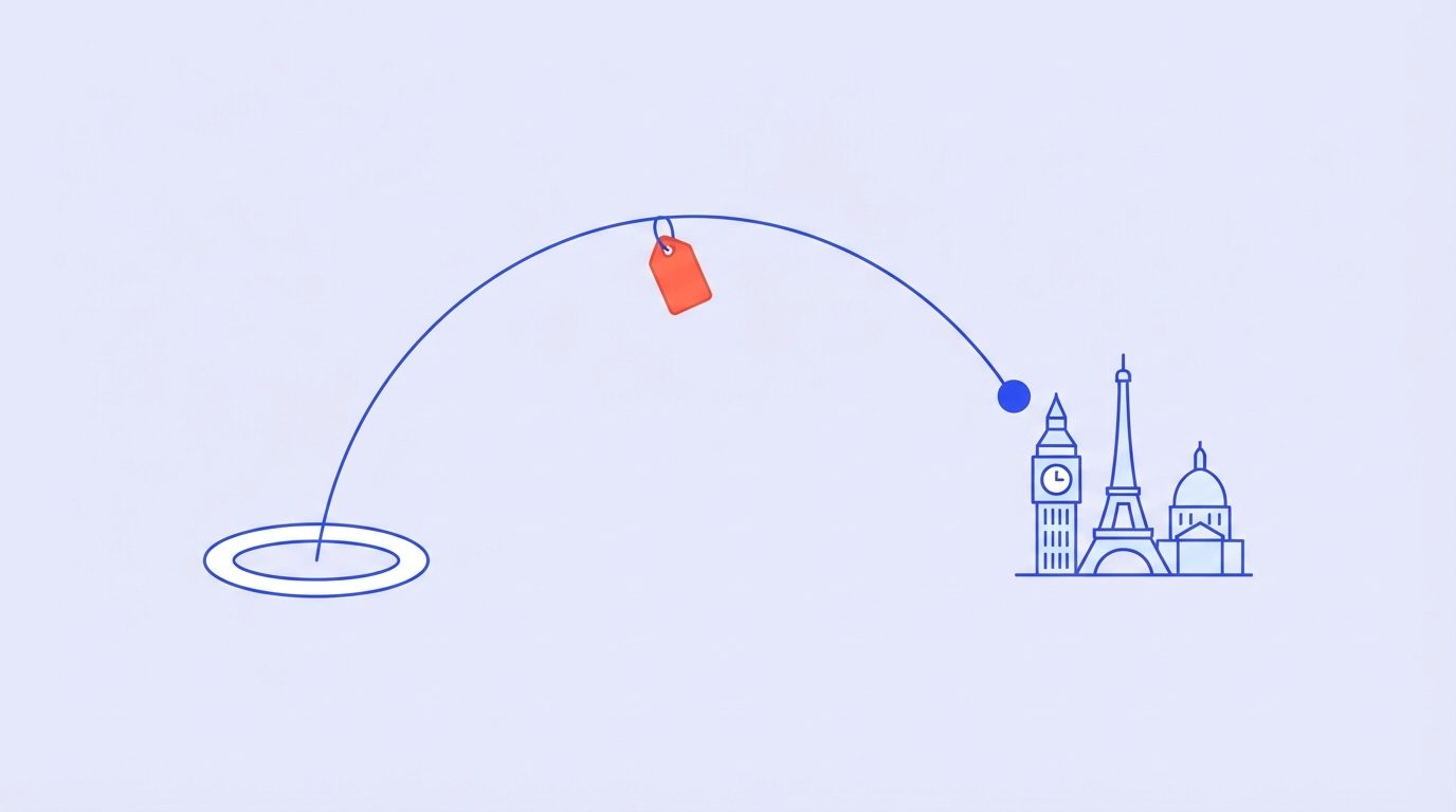 A blue flight arc rising from a ring and landing on a clock tower, a lattice tower and a domed building, with a coral price tag hanging from the arc