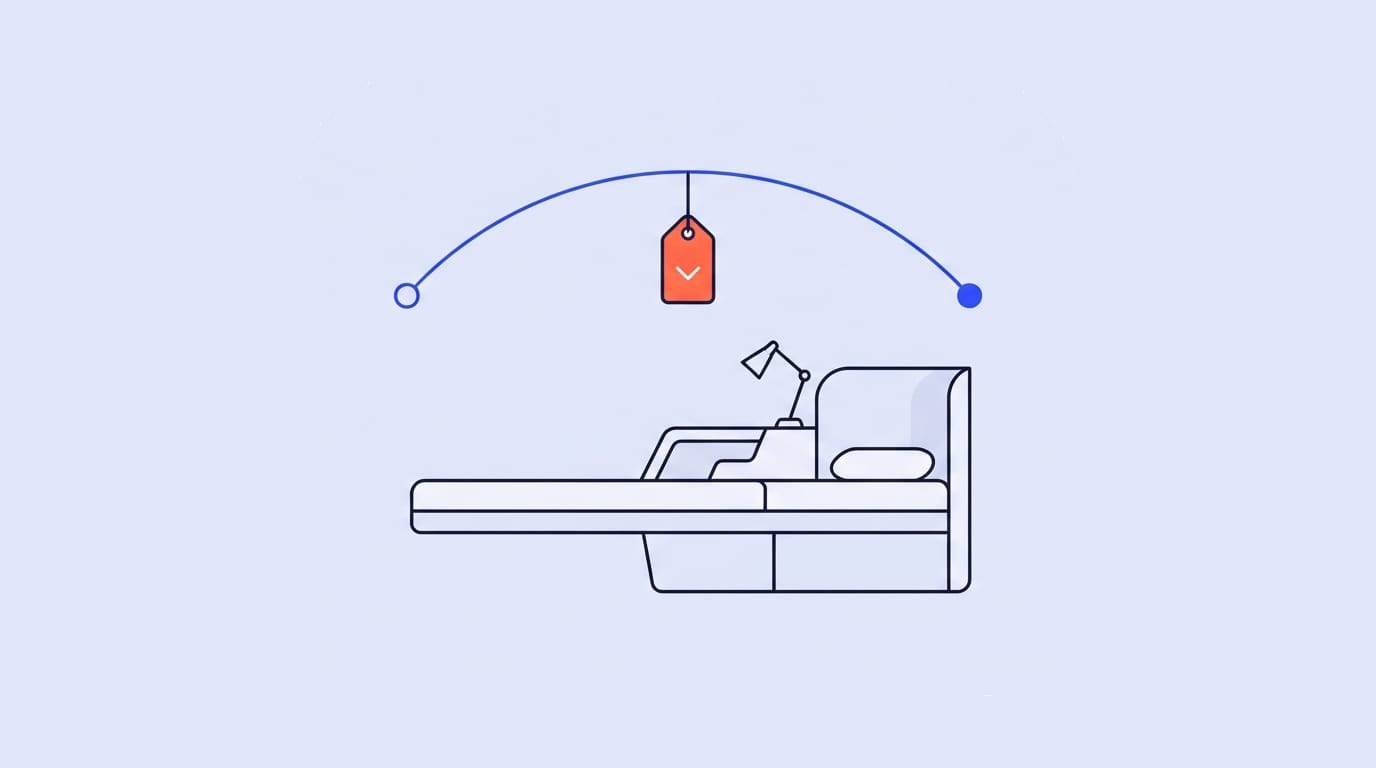 A lie-flat business class suite beneath a blue flight arc, with a coral price tag hanging from the arc