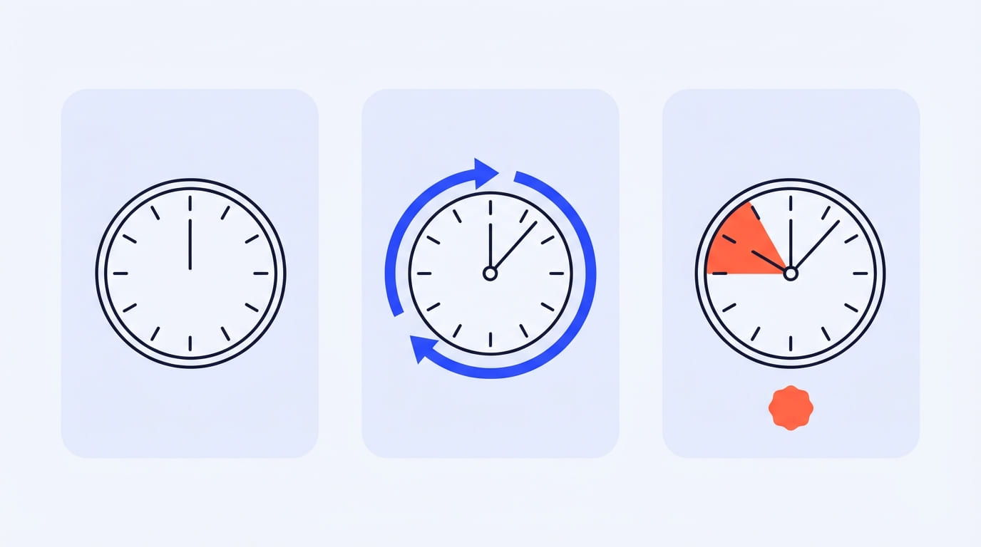 Three panels, one per expiry rule: a clock with no hands, a clock circled by a blue arrow winding it back, and a clock with a fixed coral wedge on its dial