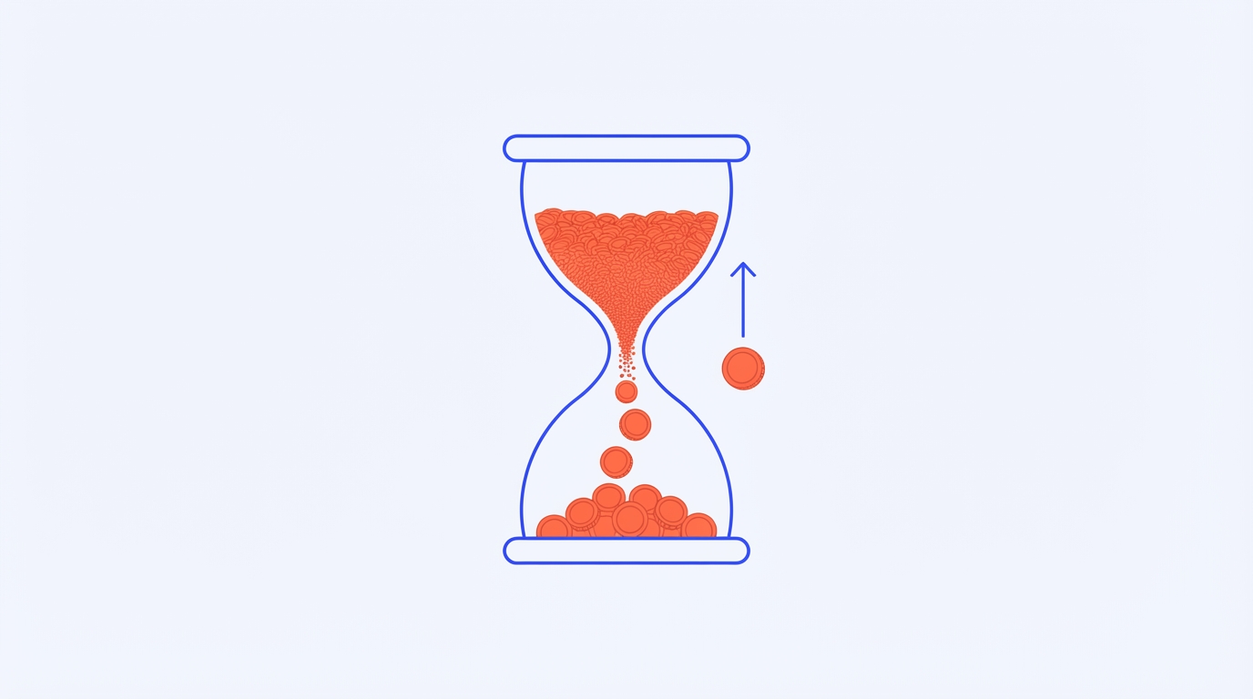 An hourglass pouring coral mile tokens, one token lifted back out by an upward arrow