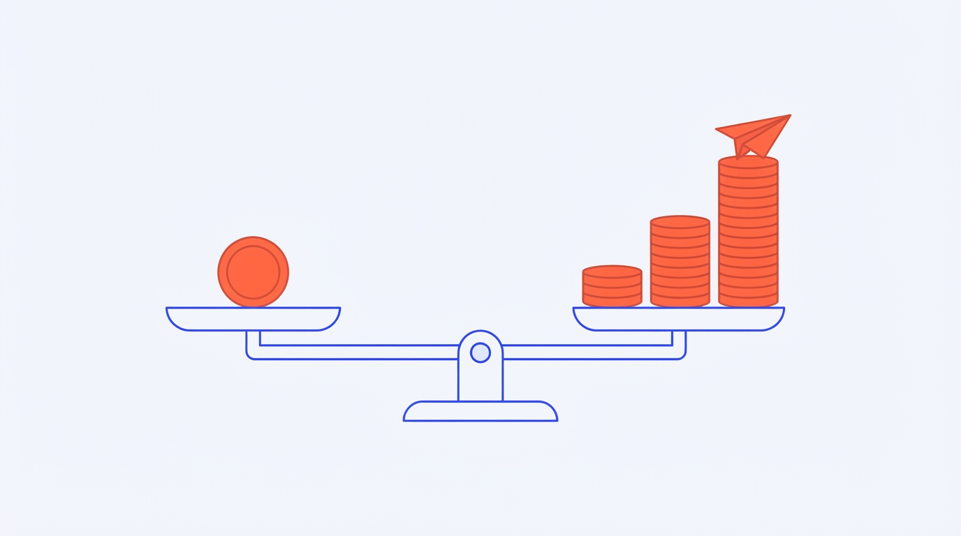 A balance scale weighing one mile token against three ascending coin stacks topped with a paper plane