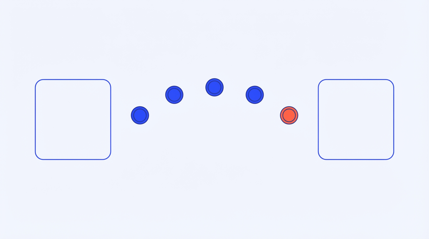 Mile tokens arcing between two account cards, the leading token in coral